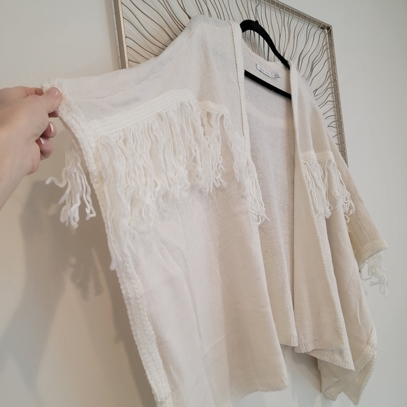 Anthropologie Bishop + Young Ivory Flax Open Front Fringe Poncho Cardigan M/L - Picture 6 of 12